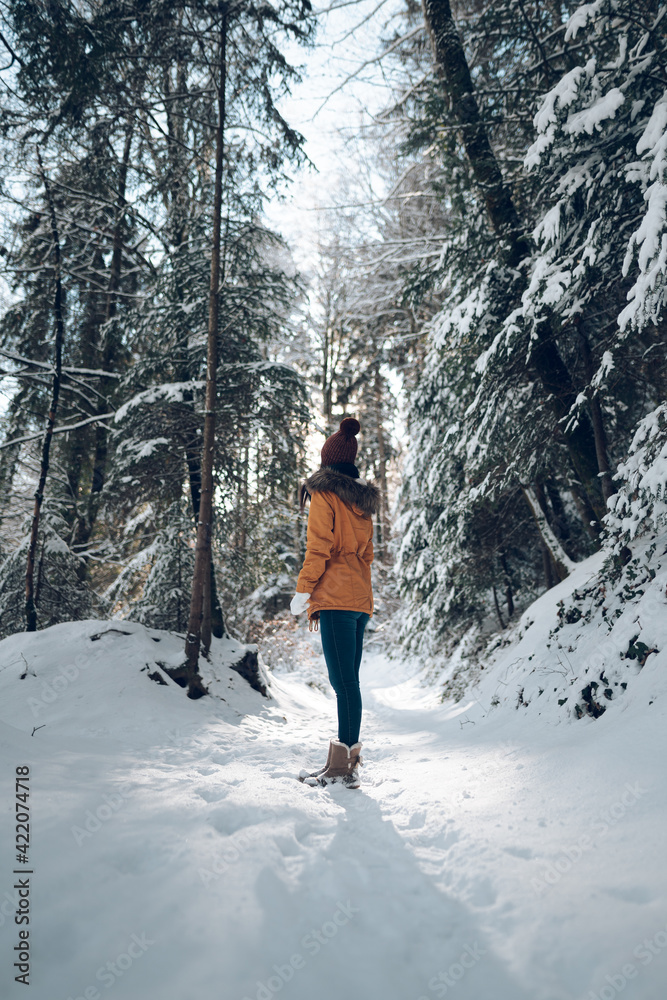 Femme jeune et belle en hiver dans la forêt froide et enneigée