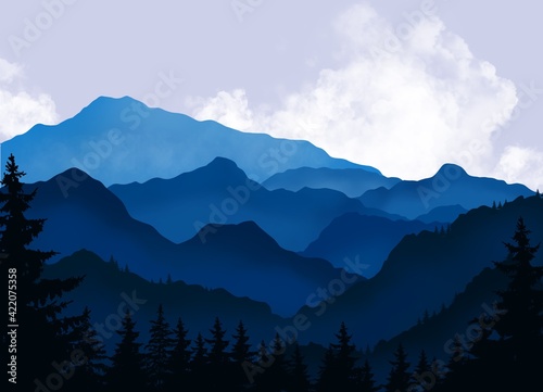 illustration of beautiful dark blue mountain landscape with fog forest and cloud © BlueSky