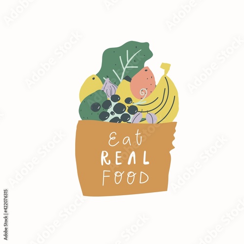 Hand drawn bag with fruits handwritten text eat real food Vector illustration