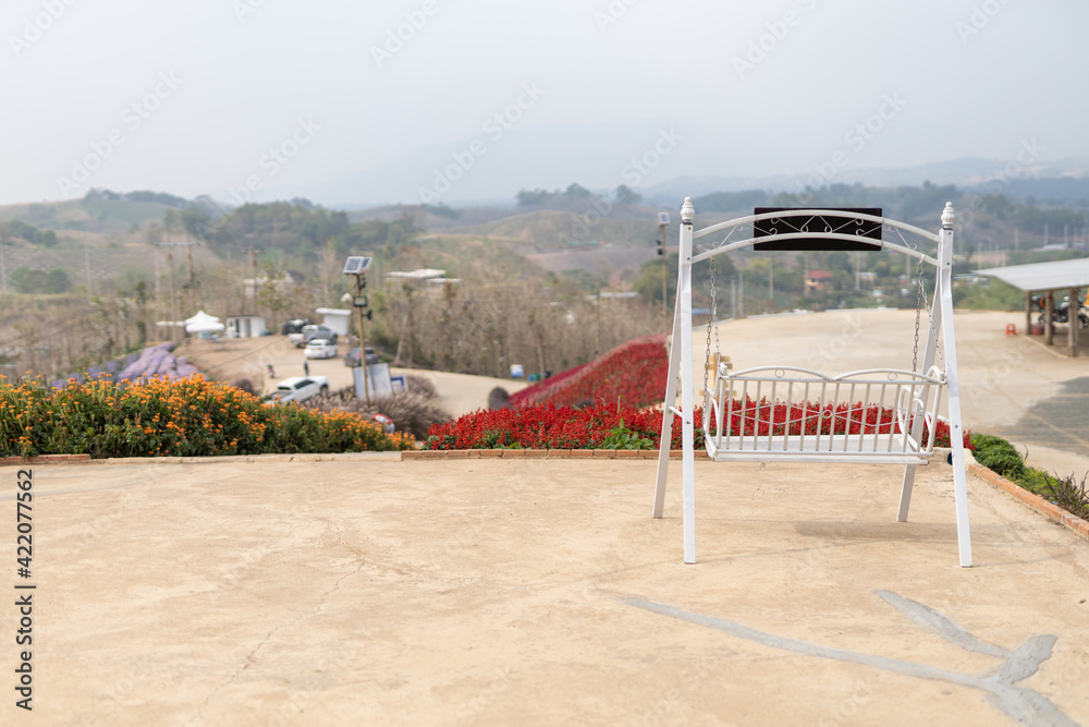 White hanging chair for watching flowers and nature. White hanging chair for watching flowers and nature.