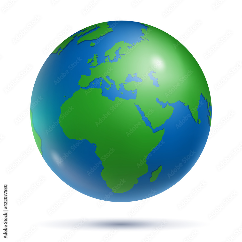Glossy Earth globe planet with green continents. Detailed world map focused on Africa and Europe, travel around the world concept realistic vector illustration isolated on white background