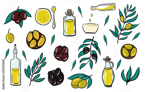 Set of olive oil, bottle, olives, branches on a white background. Hand drawing.