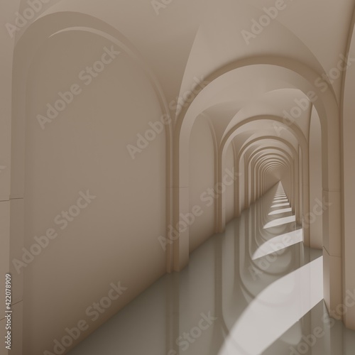 Abstract illustration of endless architecture corridor. 3D render