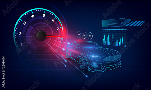 Hologram in HUD UI style. Futuristic car service, scanning and auto data analysis,Virtual Graphical Interface . Vector  illusatration
