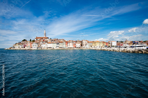 Old city from the sea on Adriatic peninsula with wide lens and in vivid colors