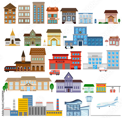 colorful city buildings set municipal buildings and urban houses