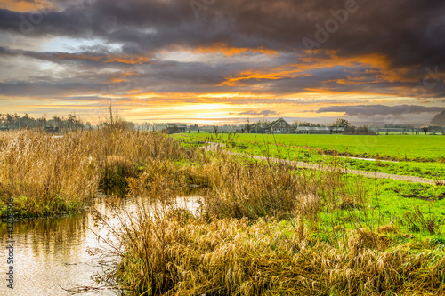 Sunset Dutch landscape Zaans Rietveld in Alphen aan den Rijn with green meadows and small-scale nature reserve against a background with dark and warm orange-colored clouds