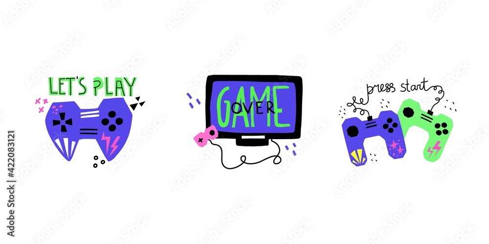 Video games. Doodle hand drawn joystick, console and lettering, bright ...