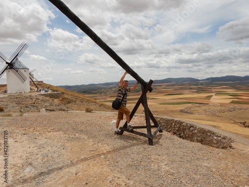Medieval Lever Water Well Near Toledo, Spain, on The Cerro Calderico Ridge with a Windmill at Consuegra that inspired Miguel de Cervantes to Write Don Quixote of La Mancha	 photo