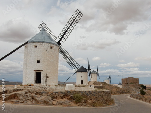 Spanish Grain Windmills Near Toledo, Spain, The Cerro Calderico Ridge at Consuegra that inspired Miguel de Cervantes to Write Don Quixote of La Mancha	 photo