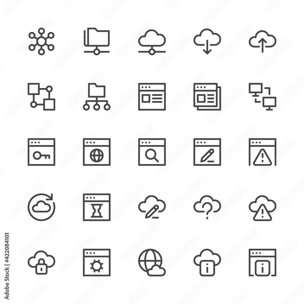 Simple Interface Icons Related to Network. Database, Cloud Computing, Internet Technologies. Editable Stroke. 32x32 Pixel Perfect.