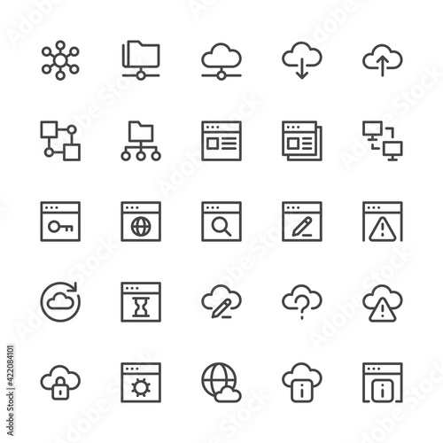 Simple Interface Icons Related to Network. Database, Cloud Computing, Internet Technologies. Editable Stroke. 32x32 Pixel Perfect.