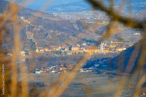 A view from behind a tree over vineyards and Dürnstein ruins in the early spring on a sunny day