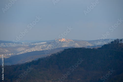 A view over Göttweig Abbey in Austria from the distance from above on a sunny day in the early spring