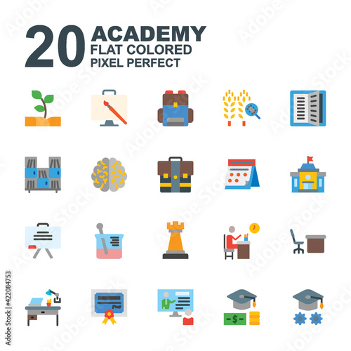 Icon Set of Academy. Flat color style icon vector. Contains such of agriculture, class, university, economy, chemistry, class, art, bookshelf and more. You can be used for web, mobile, ui and more.
