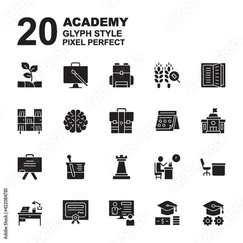 Icon Set of Academy. Glyph black style icon vector. Contains such of agriculture, class, university, economy, chemistry, class, art, bookshelf and more. You can be used for web, mobile, ui and more.