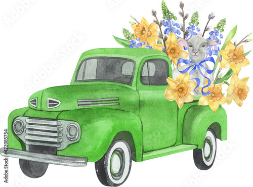 Watercolor green Easter truck. Retro truck with lamb  spring flowers and leaves. Vintage truck. Narcissus  tulips  hyacinth  daffodils  green leaves