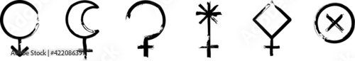 Set of the Astrological symbols: Ceres, Juno, Pallas, Lilith, Eris, Part of Fortune. Black ink handwriting. Vector