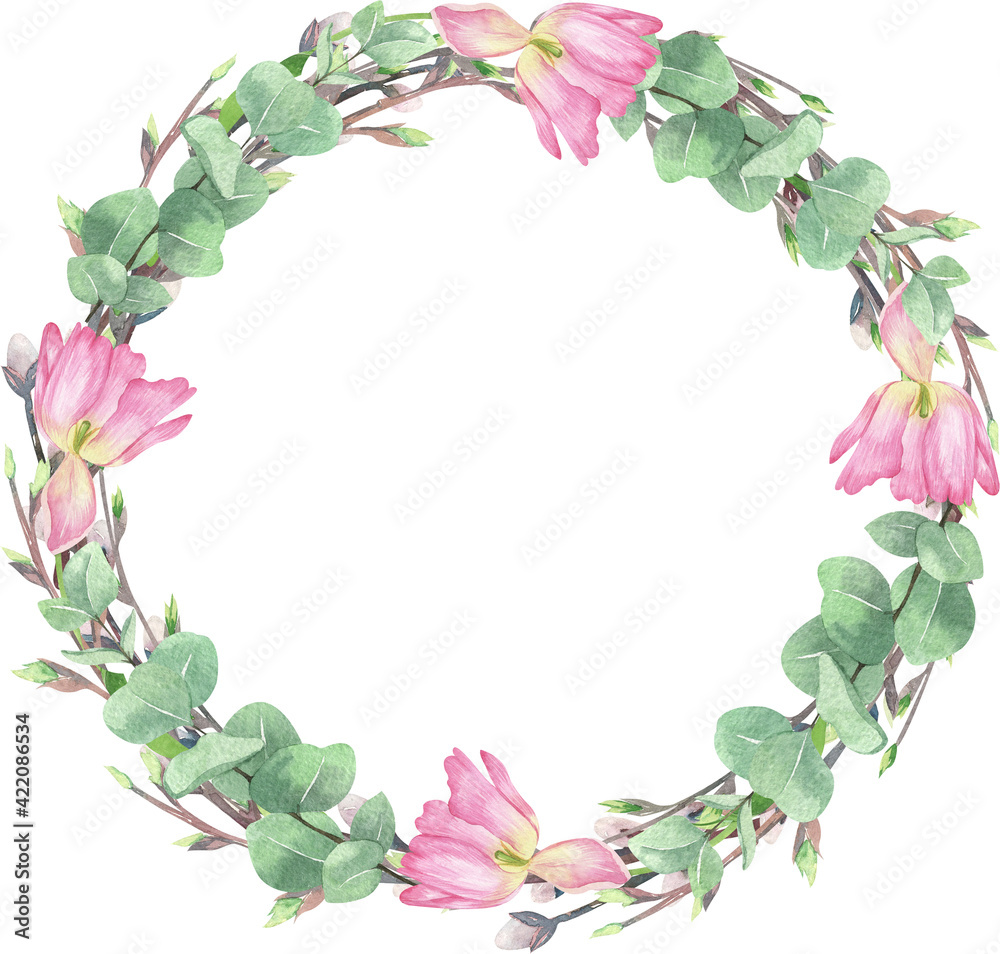 Watercolor spring arrangements with pink tulips, narcissus, hyacinth, leaves. Flower wreath, Wedding invitation clip art. Flower frame