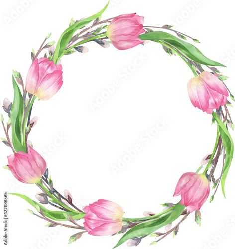 Fototapeta Naklejka Na Ścianę i Meble -  Watercolor spring arrangements with pink tulips, narcissus, hyacinth, leaves. Flower wreath, Wedding invitation clip art. Flower frame