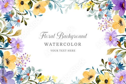 Yellow and purple wildflower frame. Watercolor floral background