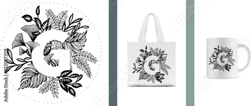 Vector Hand Drawn Floral Uppercase Monogram Letter G. Flowered Design Elements. Brand Identity and Mockup.