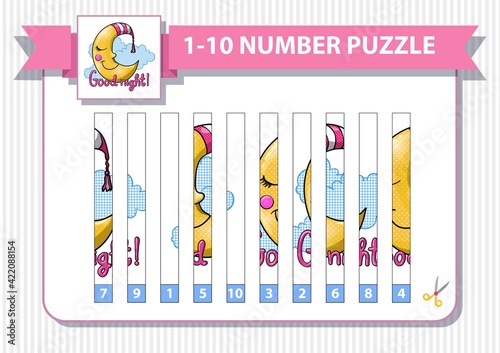 Counting number puzzle with cartoon rocket. From 1 to 10. Cut and assemble. Crescent in striped hood and cluds. Good night.