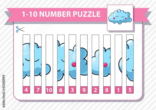 Counting number puzzle. From 1 to 10. Cut and assemble. Cartoon sleeping cloud
