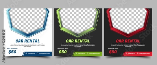 Social Media Post Template for Car Rental Promotion. Modern Banner with a blue, green, and red color frame. Vector design with place for the photo. Usable for social media, banners, and web internet.