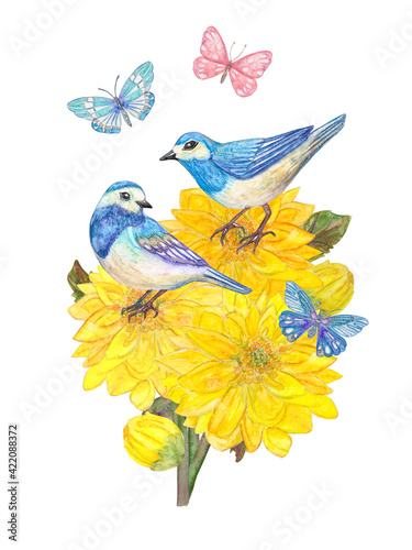 bouquet of yellow chrysanthemum flowers with couple of little blue birds. watercolor painting