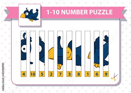 Counting number puzzle with cartoon rocket. From 1 to 10. Cut and assemble. Cartoon crow, raven, bird
