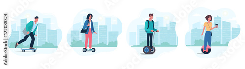 Men and women use modern electric transport. Eco gyroboards, skateboards, scooters environmentally friendly. Vector illustration of girls and guys in a flat style, urban concept.