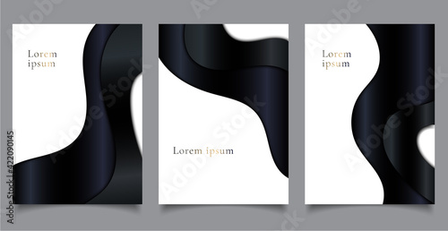 Set of brochure cover luxury template paper cut style black curve wave shape on white background