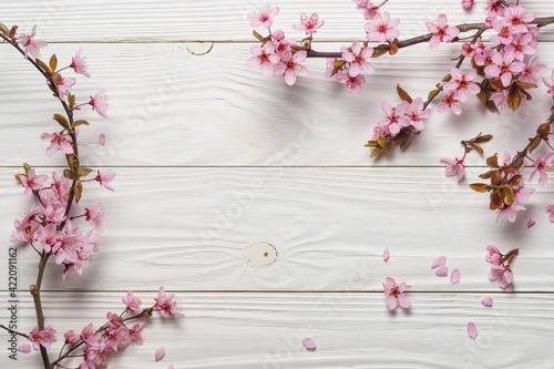 Spring flowers on vintage white wooden background.