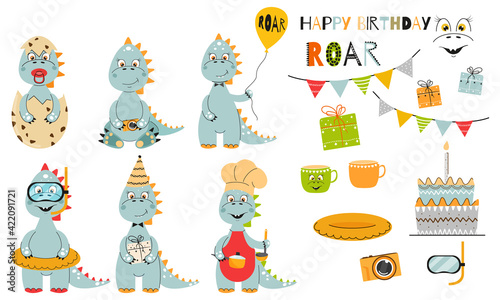 Cute dinosaurs collection. Dino set for kid. Vector illustration.