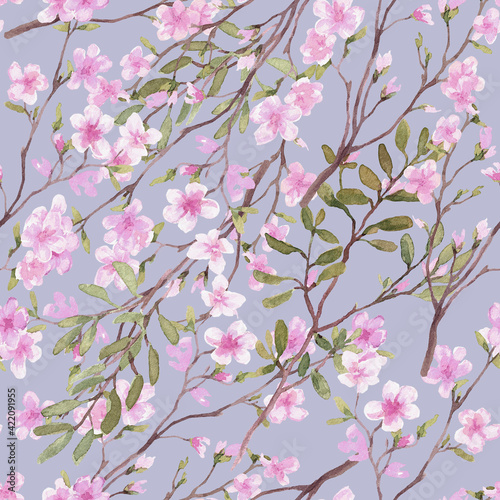 The pattern. Branches with pink flowers on a gray-blue background.