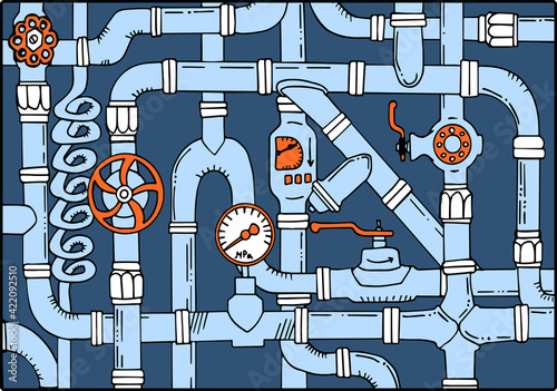 Water supply networks. Sketch doodle colored vector illustration. Games, Technology and Steam punk pattern. Hydro background. Plexus of the hydraulic tube.