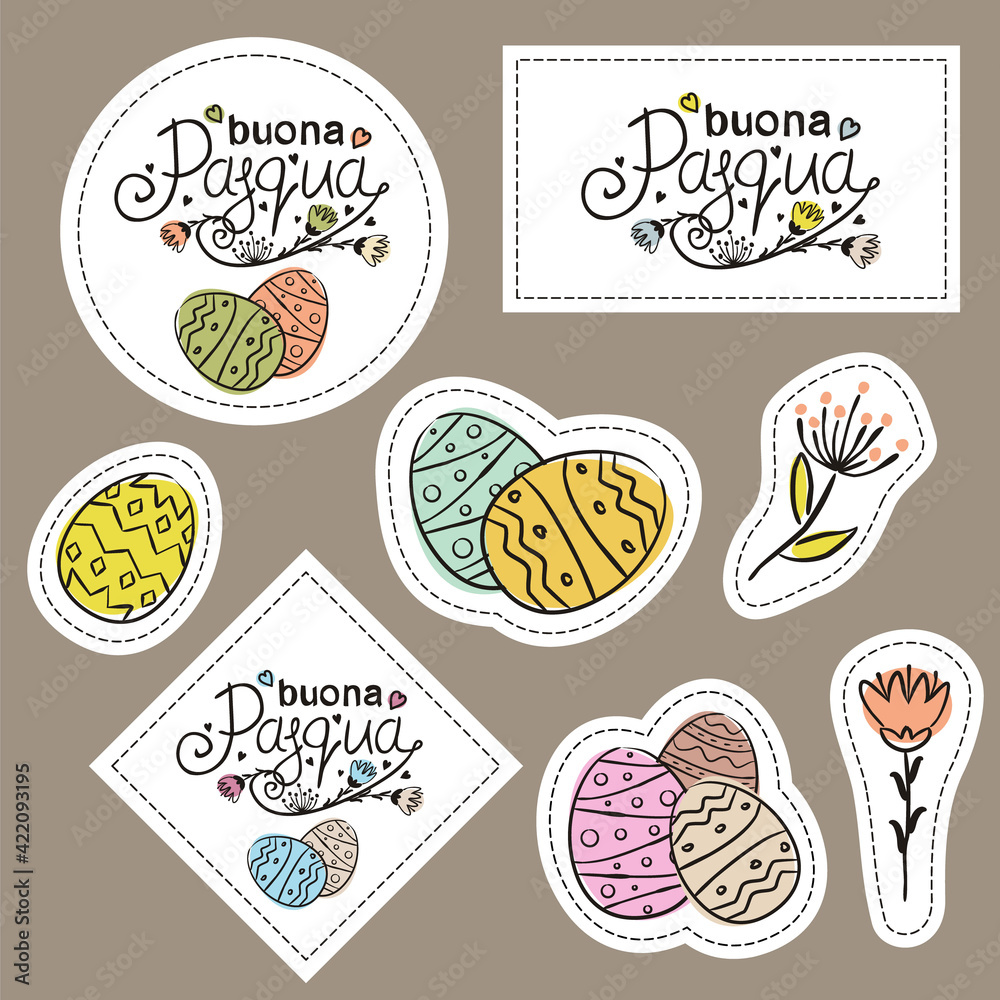 Italian Happy Easter. Set of hand drawn stickers with typography, flowers and painted eggs. Vector illustration for Italy. Translation: Happy Easter