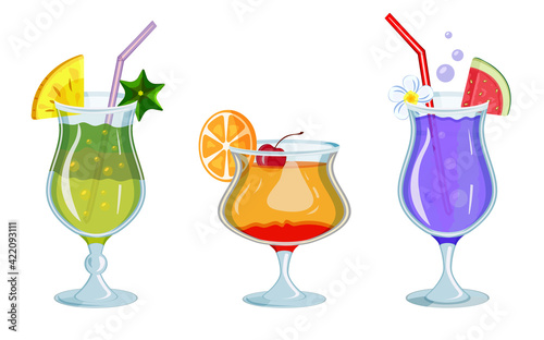 Tropical cocktails in glass goblets with drinking straws. Bright festive alcoholic drinks decorated with fruits, watermelon, pineapple and cherry. Vector illustration of cold summer lemonade.