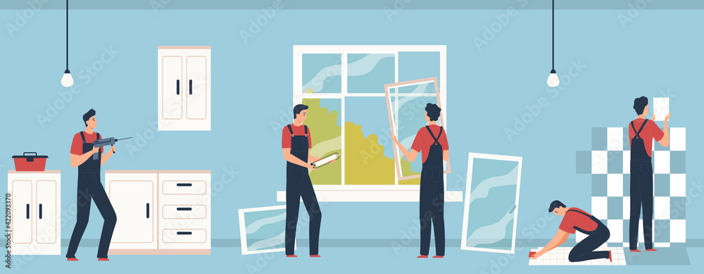 Group of repairmen doing renovation in the house. Cartoon workers are drilling the wall, installing windows, laying tiles. Vector illustration in flat style.
