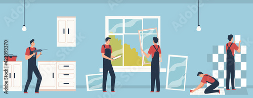 Group of repairmen doing renovation in the house. Cartoon workers are drilling the wall, installing windows, laying tiles. Vector illustration in flat style.