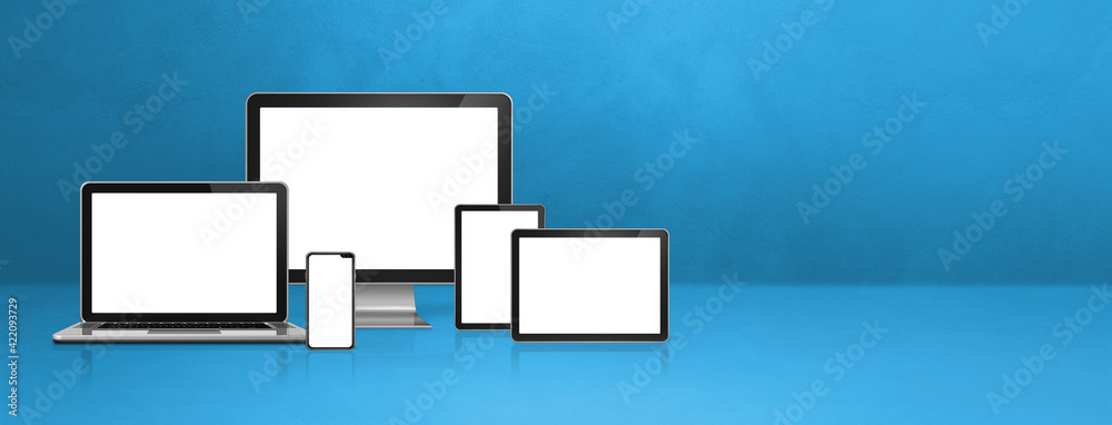 computer, laptop, mobile phone and digital tablet pc. blue banner computer, laptop, mobile phone and digital tablet pc. blue banner