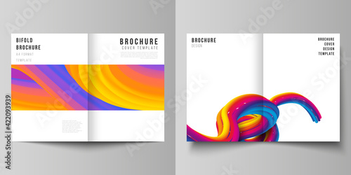 Vector layout of two A4 format modern cover mockups design templates for bifold brochure, flyer, booklet. Futuristic technology design, colorful backgrounds with fluid gradient shapes composition. © Raevsky Lab