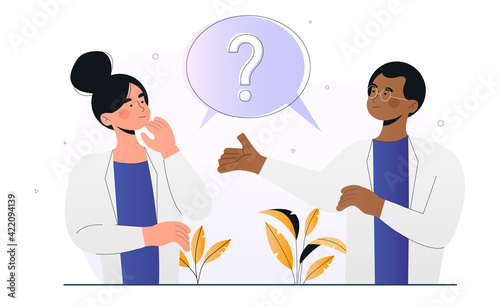 Patient and doctor having a discussion with question mark in bubble