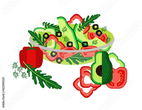 Fresh salad. Vegetables and greens. Healthy food, eco products. Delicious vegetarian snack. Vector illustration. Proper nutrition. A festive dish.