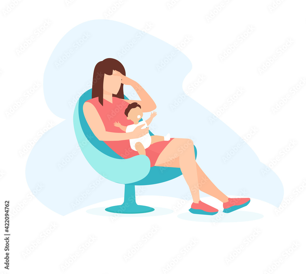 Vector of a sad woman with a child in her arms. Postpartum depression