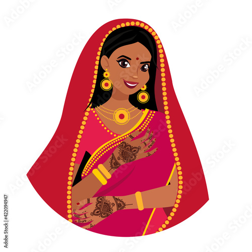 Beautiful Indian brunette young woman in sari. Hands with mehndi pattern