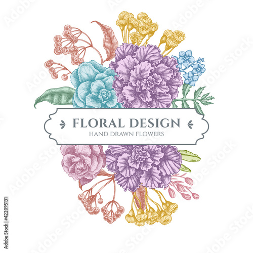 Floral bouquet design with pastel wax flower, forget me not flower, tansy, ardisia, brassica, decorative cabbage