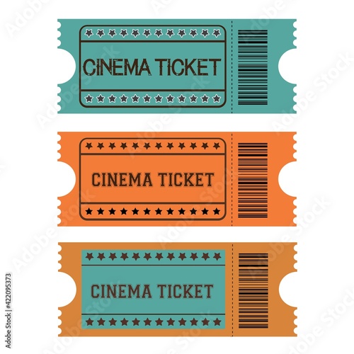 Set of vintage cinema or movie tickets template blue and orange background.