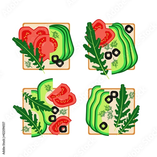 Set of sandwiches. Food. Vector illustration. Eco products, proper nutrition. Healthy breakfast. Template for a menu or banner.